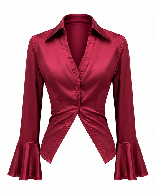 Wine Red Flared Satin Shirt FangCloset™