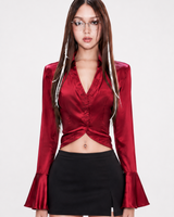 Wine Red Flared Satin Silk Shirt FangCloset™