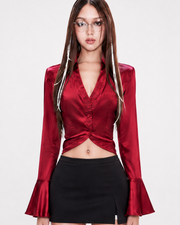 Wine Red Flared Satin Shirt FangCloset™