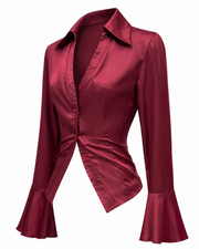 Wine Red Flared Satin Shirt FangCloset™